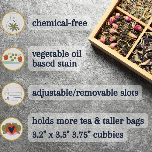 Vista 3 de Caja organizadora de té segura para alimentos, libre de productos químicos, baúl de almacenamiento de bambú, cubos ajustables