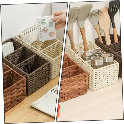 Vista 3 de DOITOOL Caja de almacenamiento trapezoidal de escritorio con 3 compartimentos, impermeable, simulada, tejida a mano, organizador para suministros