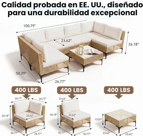 Vista 6 de Devoko Juego de muebles de patio, sofá modular de mimbre para exteriores de Beige
