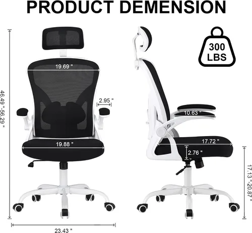 Vista 3 de Silla giratoria ergonómica de oficina con reposacabezas ajustable 3D y soporte lumbar, silla de escritorio con respaldo alto con brazos abatibles