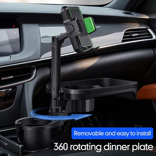 Vista 4 de Bandeja para portavasos para automóvil, bandeja de comida desmontable ajustable 4 en 1 con base sólida y ranura para teléfono, expansor