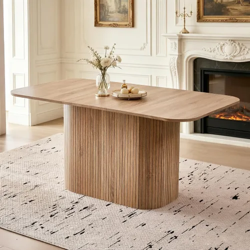 Vista 9 de Mesa de comedor de 63 pulgadas para 4 personas, esquinas redondeadas, base de pedestal a rayas, mesa rectangular moderna de granja, color beige