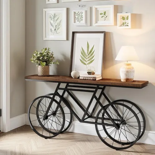 Vista 5 de Tribesigns Mesa consola extra larga, mesa de sofá estrecha de 70.9 pulgadas detrás del sofá con base de metal para bicicleta, mesa de entrada