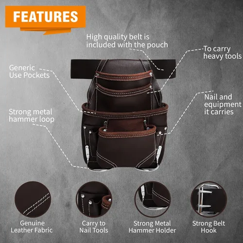 Vista 3 de Genuine Leather Tool Pouch Bag with 2'' Work Belt Included for Handyman, Construction, Carpenter, Farmers with 10 Pockets 2 Hammer Holders