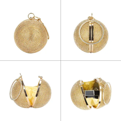 Vista 3 de Bolso de mano redondo de noche para mujer, bolso de mano con diamantes, para fiesta, boda, con cadena