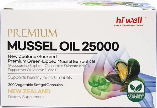 Vista 5 de Paquete de 3 cápsulas de mejillón Hi Well Premium 25000 200 cápsulas de cápsula vegetal