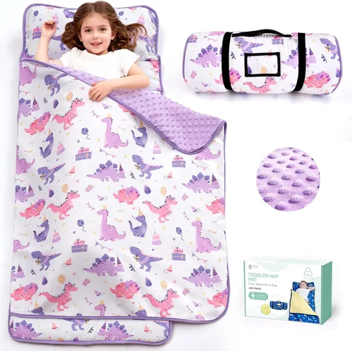 Vista 16 de ACRABROS Tapete para siesta para niños pequeños con almohada y manta, grandes alfombrillas enrolladas para siestas, bolsas de dormir para niños