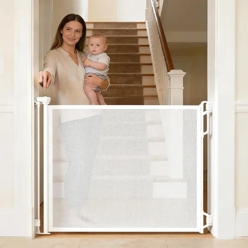 Vista 9 de SPACEANY Puerta retráctil de seguridad para bebés o puerta de malla para perros, puerta retráctil de malla portátil duradera, fácil de usar