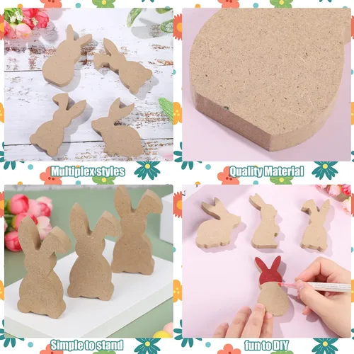 Vista 3 de 12 letreros de madera de conejo de Pascua, bloques de madera de conejo sin terminar, mini letreros de madera de conejito de madera para Pascua