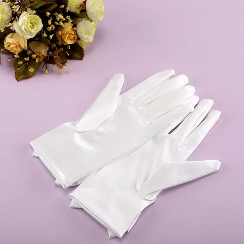 Vista 8 de Ayliss Guantes de boda de novia para mujer, guantes cortos de ópera de satén, guantes de vestido de muñeca de perla, guantes florales de fiesta