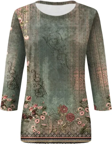 Vista 65 de Camisetas personalizadas para mujer, a la moda, casual, de séptima manga, estampada, cuello redondo, camiseta