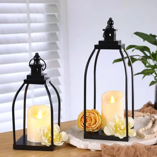 Vista 3 de DARJEN Farol Moderno de Granja para Decoración de Exteriores e Interiores - Faroles de Vela de Metal Negro de 15'' 12'' para Navidad, Faroles