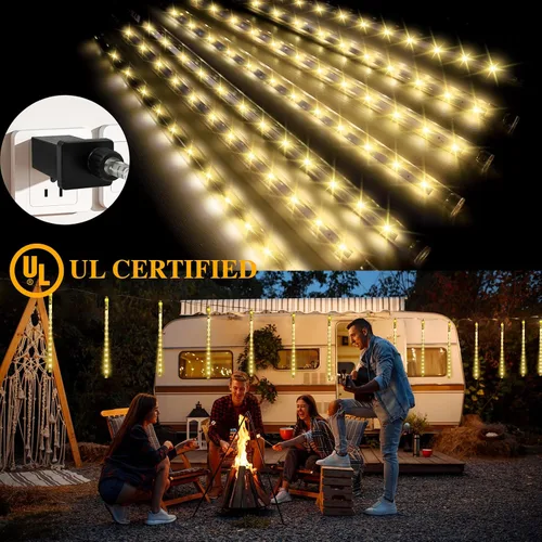 Vista 2 de Luces de lluvia de meteoritos, 192 luces LED de lluvia que caen, 8 tubos de 11.8 pulgadas, impermeables, para Navidad, enchufables, luces LED