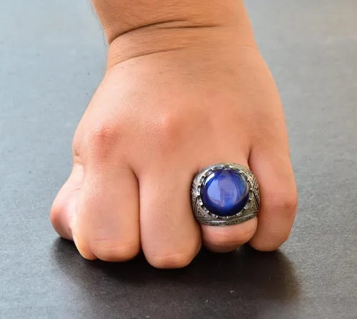Vista 8 de Anillo de plata de ley con zafiro real estrella, con piedras preciosas
