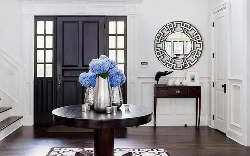 Vista 5 de Chende - Espejos negros para decoración de sala de estar, espejo redondo grande de 32 pulgadas con vidrio de borde biselado, espejo de pared