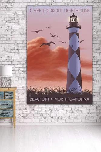 Vista 3 de Beaufort, Carolina del Norte, Faro y amanecer (36 x 54 pulgadas, impresión de galería Giclée para decoración de pared, póster de viaje)