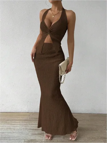 Vista 3 de SOLY HUX - Conjunto de dos piezas de verano para mujer, con parte superior tipo camisola con cuello halter, nudo frontal y falda marrón (Plain Brown)