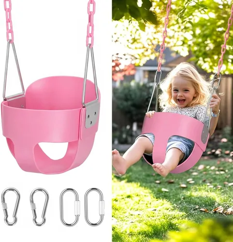 Vista 8 de little dove Cubo completo de respaldo alto, columpio para niños pequeños con cadenas revestidas y protección triangular de inmersión para mayor Verde