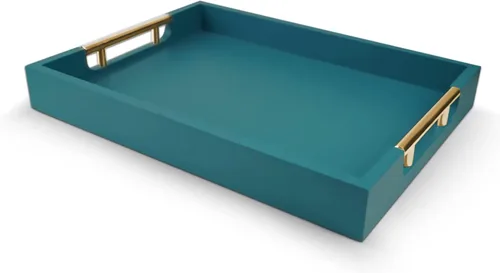 Vista 9 de Bandeja decorativa de madera para mesa auxiliar, bandeja de servicio con acabado mate de 16 pulgadas con asas para otomana, sala de estar, perfume