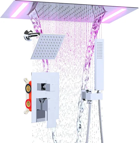 Vista 17 de ENGA Sistema de ducha dorado brillante con chorros corporales, 2 en 1 funciones de montaje en techo, cabezal de ducha LED de 14 x 20 pulgadas con 4