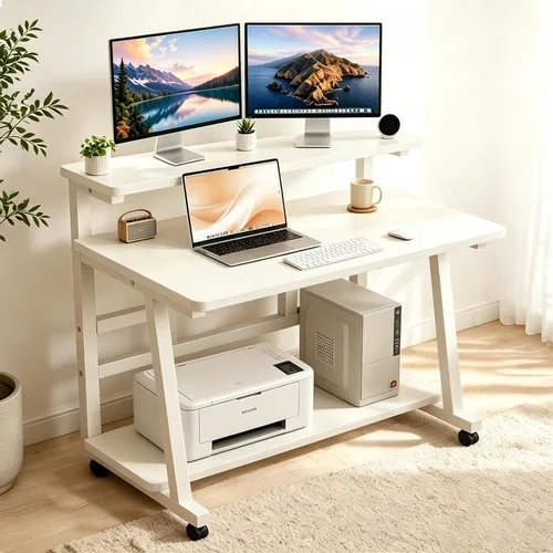 Vista 2 de Escritorio compacto de 39.4 pulgadas para computadora con mesa de trabajo de niveles y ruedas con bloqueo, escritorio pequeño para dormitorio
