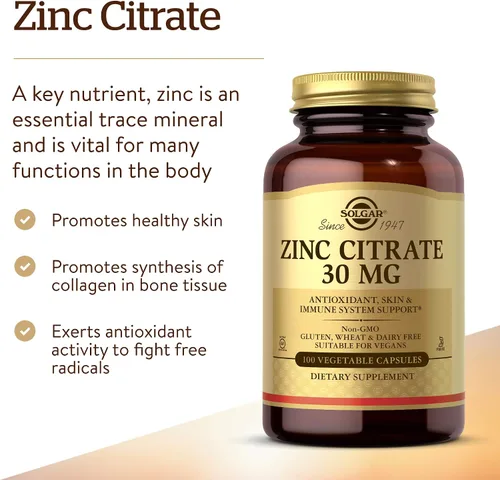 Vista 3 de Solgar Cápsulas vegetales de citrato de zinc, 100 unidades, sin OGM, sin gluten y kosher, apoya la salud del sistema inmunitario, piel y ojos