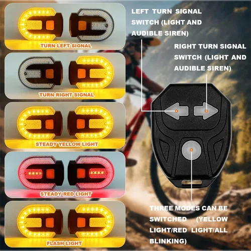 Vista 2 de Luz trasera para bicicleta con señal de giro, luz trasera para bicicleta, control remoto, recargable por USB, 5 modos, impermeable, se puede montar