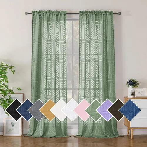Vista 83 de Simplebrand Cortinas traslúcidas negras de cocina de 24 pulgadas de largo, 2 paneles, filtrado de luz, geométrico jacquard con textura, cortinas