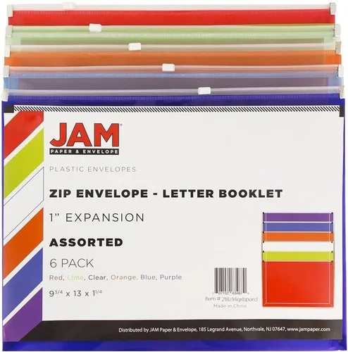 Vista 2 de JAM Sobres de plástico para papel con cierre de presión, Colores Variados Variado paquete de 6