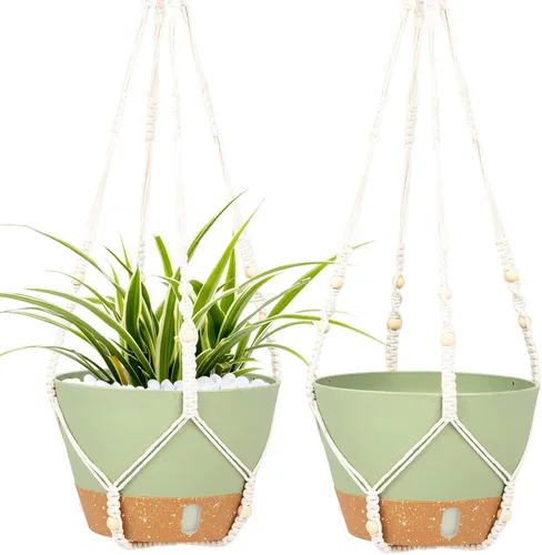 Vista 10 de Paquete de 2 macetas colgantes de riego automático de 7.2 pulgadas para plantas de interior y exterior, macetas colgantes de macramé de 34 pulgadas