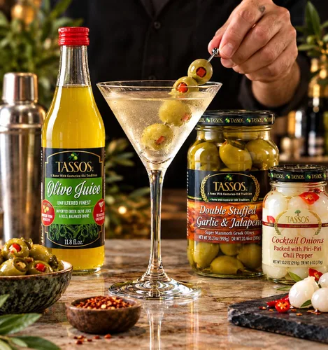 Vista 5 de Tassos Aceitunas griegas súper mamut de jalapeno-ajo con doble relleno, 35.27 onzas