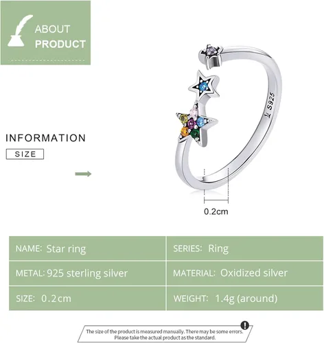 Vista 4 de Anillo de estrellas de plata de ley 925 ajustable para mujer, anillo abierto de circonita colorida, anillo de compromiso apilable, regalo