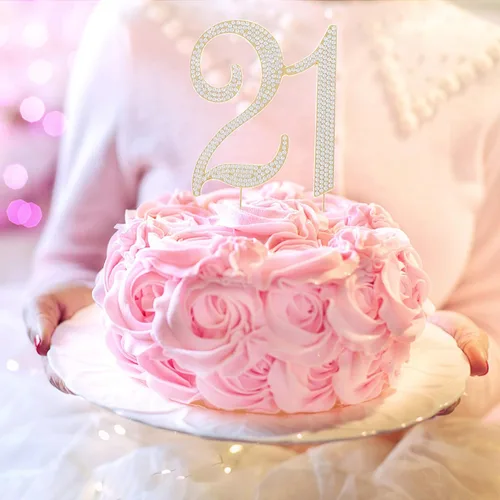 Vista 3 de Decoración para pastel con el número 21 para suministros de fiesta de cumpleaños de 21 años e ideas de decoración (dorado)