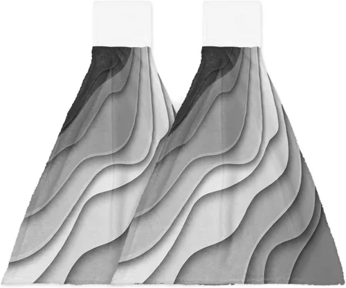 Vista 23 de Toallas de cocina con lazo para colgar, toallas de mano abstractas onduladas de color gris degradado, suaves, absorbentes, para baño, bar, hogar