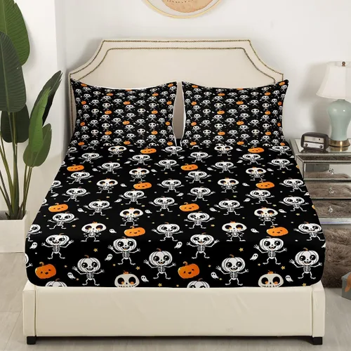 Vista 2 de Juego de sábanas de microfibra suave con diseño de calavera de Halloween, diseño de esqueleto gótico, fantasma, sábana bajera ajustable rústica