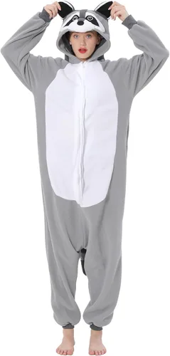 Vista 2 de Disfraz de mapache para adultos, unisex, Navidad, con cremallera, pijamas de animales para cosplay, ropa de casa de una pieza para mujeres y hombres