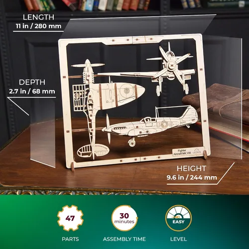 Vista 2 de UGEARS Aviones de combate enmarcados 2.5D – Kit de modelo clásico de madera de avión con Aileron móvil, hélice, rueda y toldo – Kits de modelos