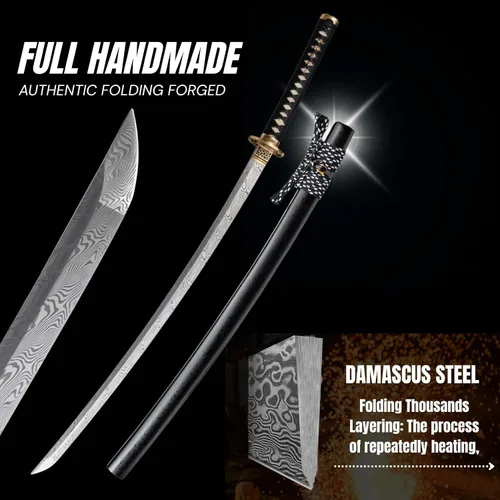 Vista 2 de Espada Katana KAWANO, espada japonesa de Damasco de acero plegable hecha a mano, espada samurái de lama completa funcional, mango de Rayskin real
