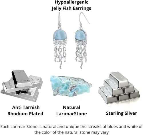 Vista 25 de Beaux Bijoux Aretes de plata de ley azul larimar para mujer, joyería natural de larimar, diseño de animales marinos, pez de pulpo de tortuga