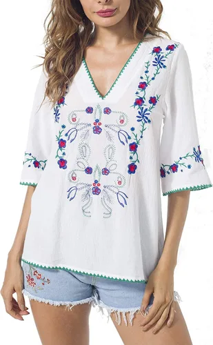 Vista 4 de YZXDORWJ Blusas estilo túnica mexicanas con bordado bohemio de verano para mujer