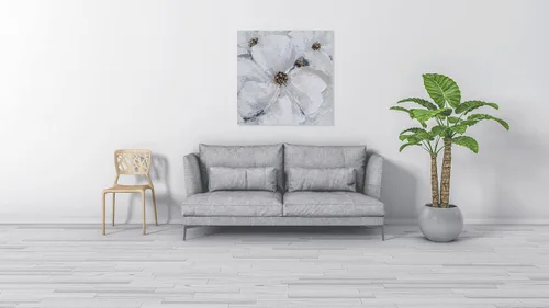 Vista 8 de SYGALLERIER Arte abstracto de pared de flores, pintura al óleo floral gris y blanca con adornos de lámina dorada, arte de pared de lienzo hecho a