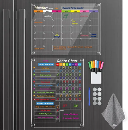 Vista 9 de Calendario acrílico magnético negro de borrado en seco para refrigerador, mensual y semanal/tabla de planificación de tareas para niños, adultos