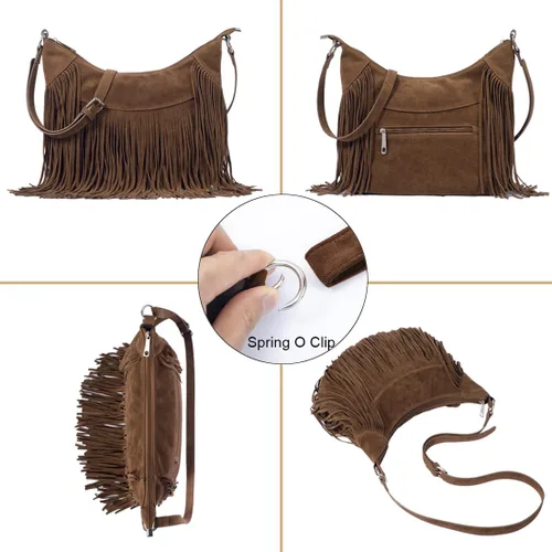 Vista 3 de Sunwel Fashion Bolso hobo con flecos para mujer, bolso de hombro estilo occidental, de ante vegano, con borlas, hippie, bandolera