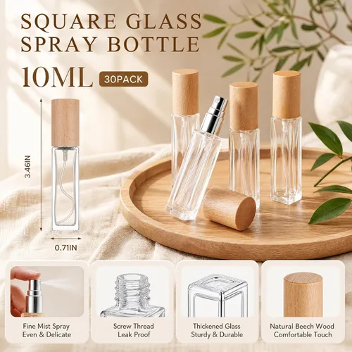 Vista 2 de Roshtia 30 botellas vacías decorativas transparentes de 0.33 onzas fluidas de color madera de haya con atomizador de perfume recargable, con bomba