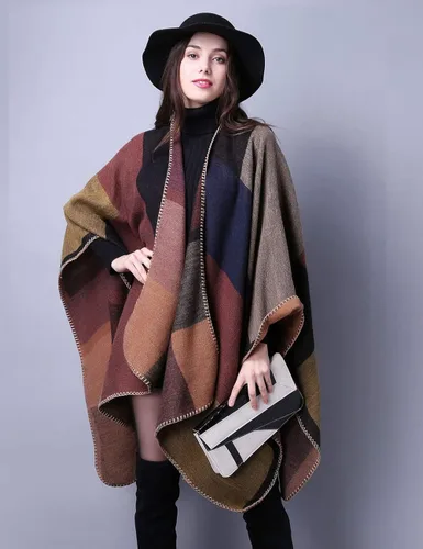 Vista 4 de Chal de punto para mujer a cuadros con parte delantera abierta tipo poncho tipo capa envolvente