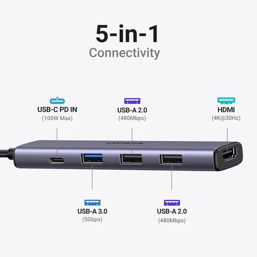 Vista 2 de UGREEN Adaptador multipuerto USB C 5 en 1 Revodok 105 4K HDMI, entrega de energía de 100 W, 3 puertos de datos USB-A, dongle USB C para MacBook