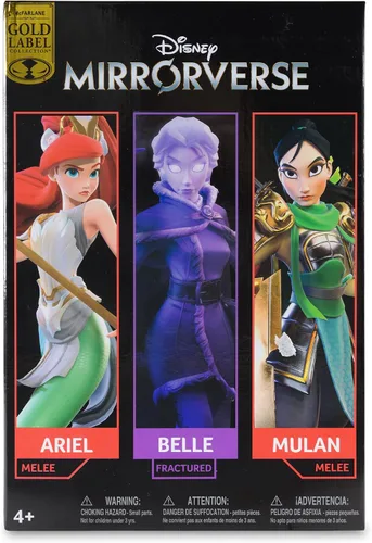 Vista 13 de McFarlane Toys - Disney Mirrorverse Mulan 5 pulgadas Belle (fracturado) 5 pulgadas y Ariel 7 pulgadas figura de acción paquete de 3, etiqueta