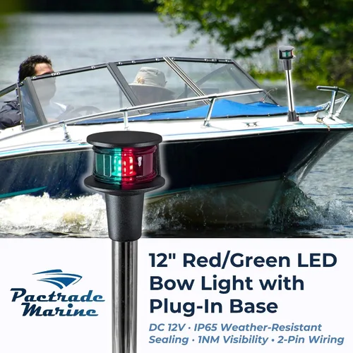 Vista 2 de Pactrade Marine Luces LED de navegación rojo y verde para barcos, poste extraíble de 12 pulgadas con base de liberación rápida de 2 pines, luces