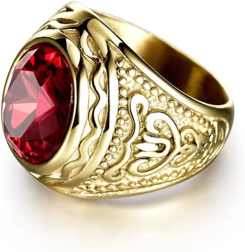 Vista 2 de Lunxury - Anillo de boda de acero inoxidable grabado para hombre, color rojo, rubí sintético, cristal dorado, anillos de boda, Cristal, Zirconia