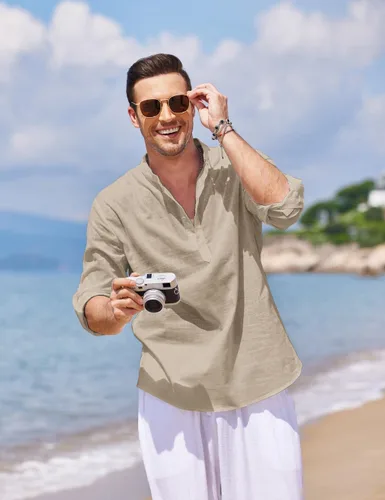 Vista 2 de COOFANDY - Camisa de lino y algodón con cuello Henley, de manga larga, estilo hippie, informal, camisetas de playa